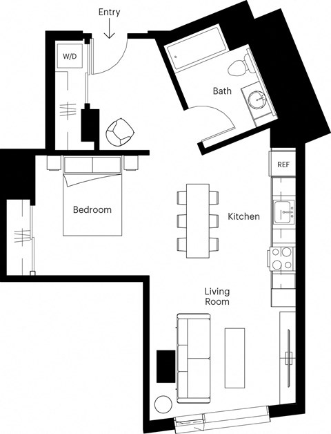 a floor plan of a small house with a bedroom and a living room